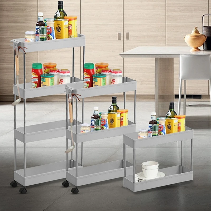 

2/3/4 Layer Gap Storage Rack Kitchen Slim Slide Tower Movable Assemble Plastic Bathroom Shelf Wheels Space Saving Organizer