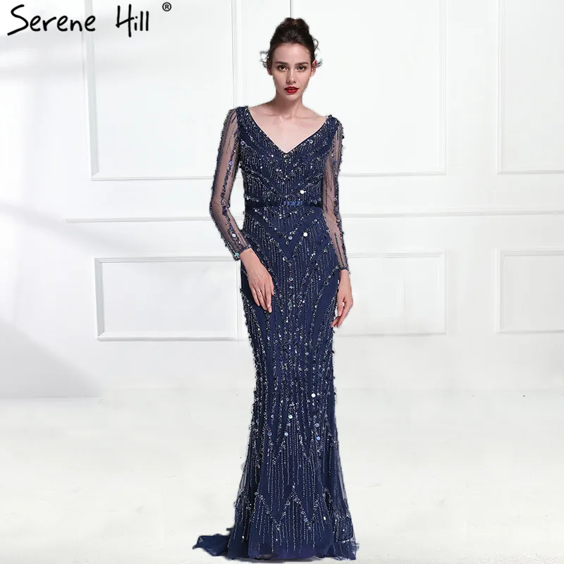 

Dubai Robe De Soiree Luxury Long Sleeve Evening Dresses 2019 Real Photo Crystal Sequins Navy Blue Mermaid Party Gown BLA6010