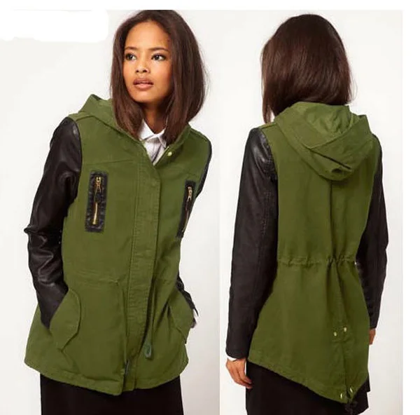 2014 New Spring Autumn Women Army Green Hooded Parka Black Pu Leather Sleeve Stitching Long Slim