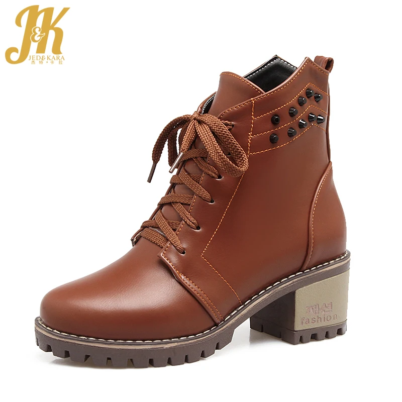 JK Rivet Women Ankle Boots Pu Motorcycle Boot Platform Lace Up Footwear