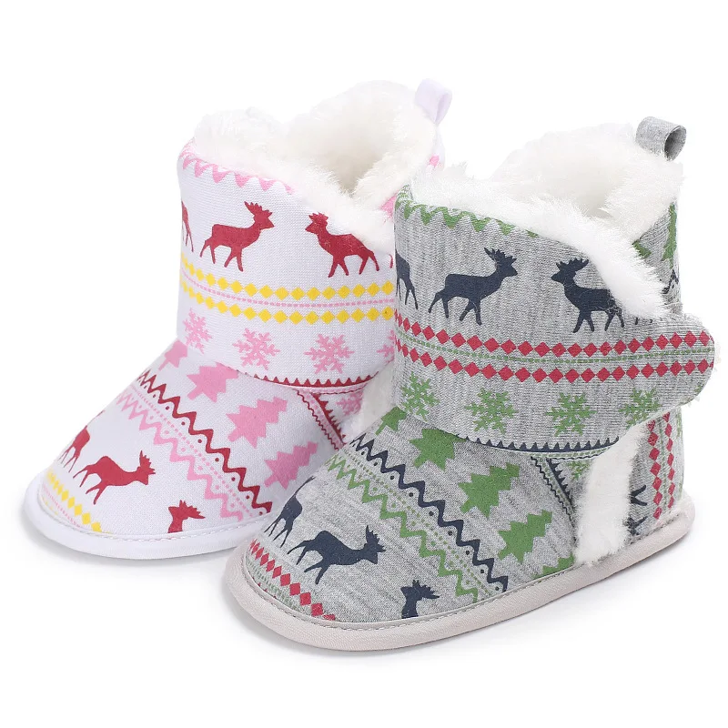 

E&Bainel Baby Winter Boots Shoes Retro Printing Deer Snow Infant Floor Super Warm Slip On Soft Baby Booties For Christmas