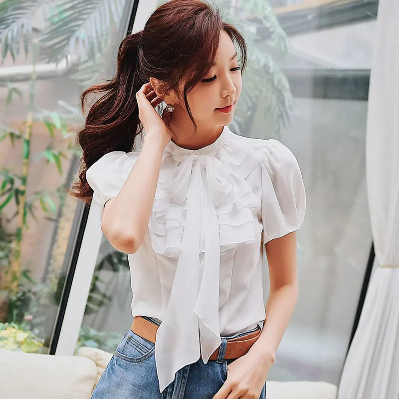 

Dabuwawa Women White Shirts 2019 New Summer Ladies Bow Short Sleeve Elegant Blouse Office Lady Chiffon Tops DN1BCF004