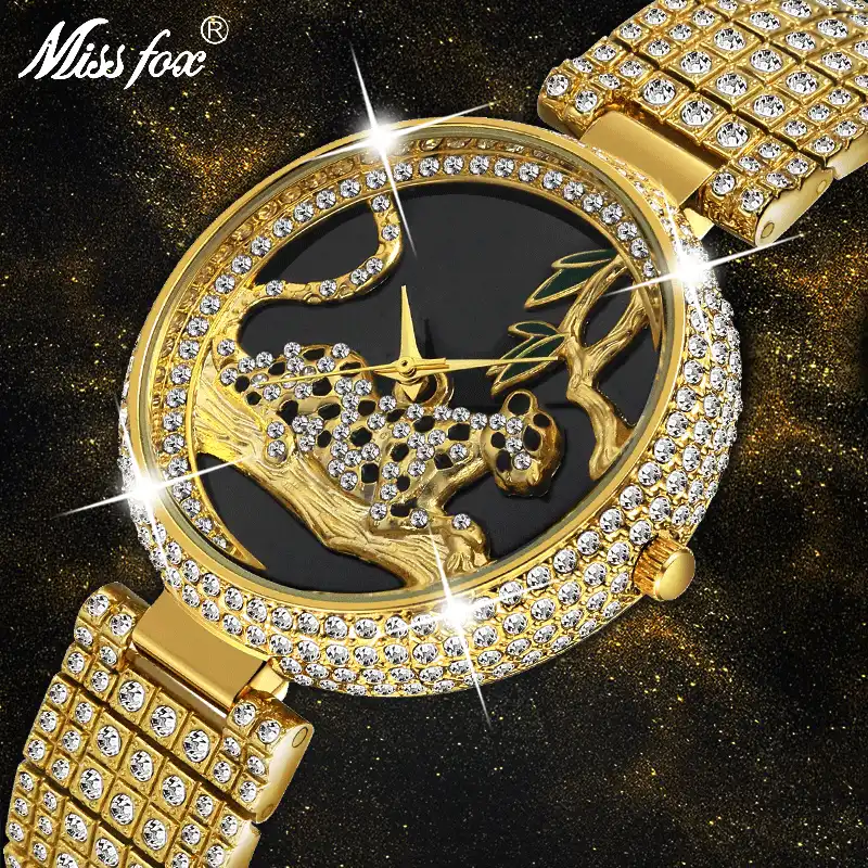 Missfox女性腕時計女性高級ブランドのファッション黒ヒョウゴールド時計ダイヤモンドレディース腕時計トップブランド女性腕時計 レディース腕時計 Aliexpress