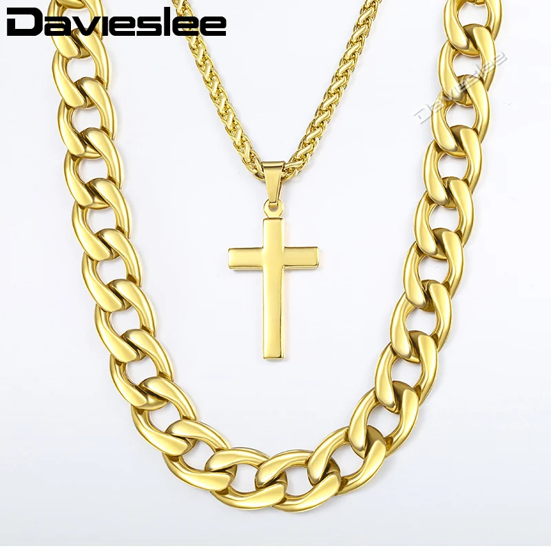 

Davieslee Hip Hop Necklace For Men Gold Stainless Steel Cuban Wheat Link Chain Cross Pendant Necklace Jewelry 13mm 24inch LDN08