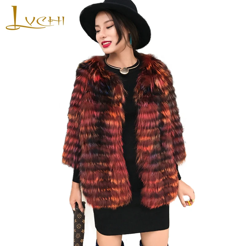 Manteaux cou Marbre L'importation Contraste Bourgogne Fourrure Femmes Couleur O 2019 Trois Quarts MYFansty Renard Manteau Classique Mince Moyen De Pkn0w8OX