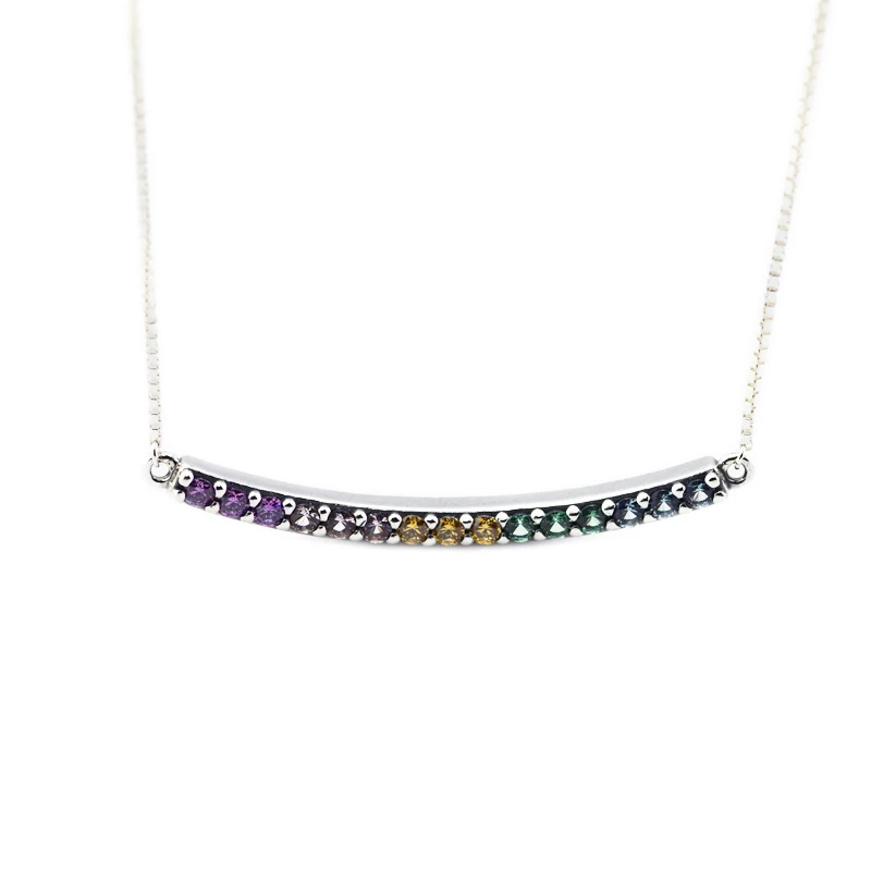 

Genuine Silver 925 Jewelry Multi-Colored Curved Bar Necklace Pendant Crystal Chain 50CM Necklace for Women