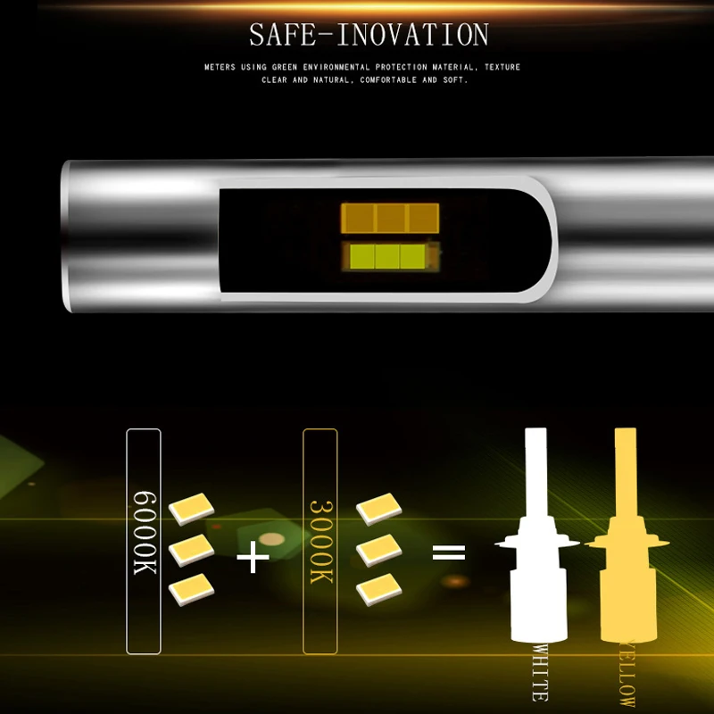 Три Цвет светодиодный головной светильник Наборы H1 H7 H11 9005 9006 H4 45 Вт 4300K 6000LM белого и желтого цвета, двойной Цвета светодиодный светильник тонкий Размеры