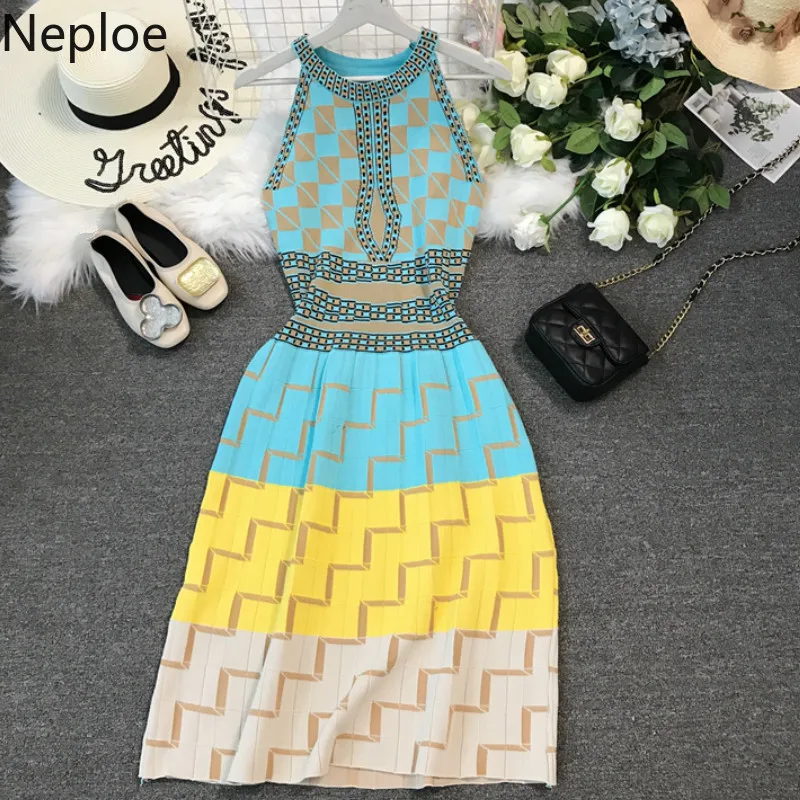 

Neploe Knitted Women Bodycon Dress 2019 Flavor Chic Temperament Color Patchwork Vestidos Hanging O-neck Waist Thin Dress 44238