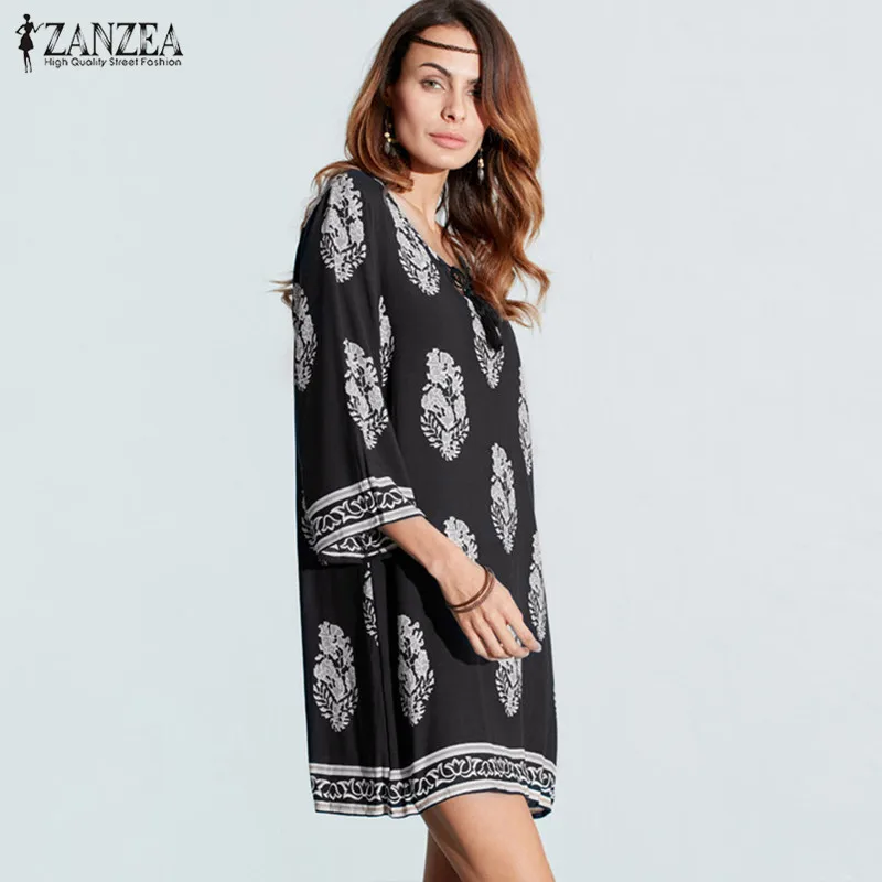 ZANZEA 2019 إمرأة الزهور طباعة 3/4 كم ريترو الدانتيل متابعة V الرقبة شرابة فضفاضة عارضة الشاطئ حزب قصيرة البسيطة اللباس زائد حجم