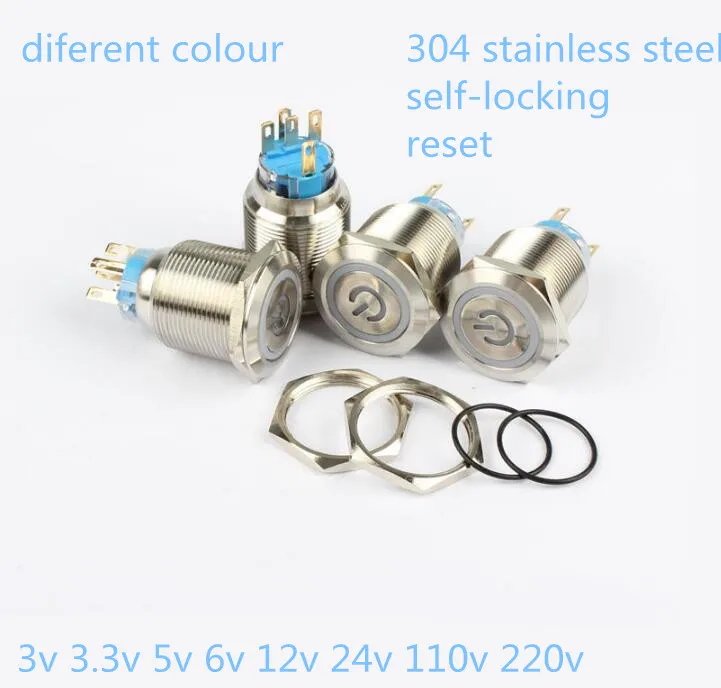 

22mm waterproof locking /reset 304 stainless steel LED Metal push button switch with switch symbol led light