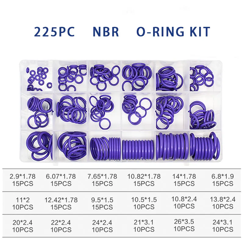 225Pcs Caoutchouc O-Ring Assortiment Joint Torique, Kit 18 tailles