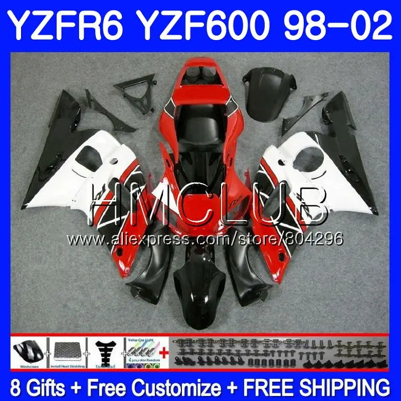 Корпус для YAMAHA красный белый YZF-R6 YZF 600 YZFR6 98 99 00 01 02 100HM12 YZF-R600 YZF600 YZF R6 1998 1999 2000 2001 2002 обтекатель