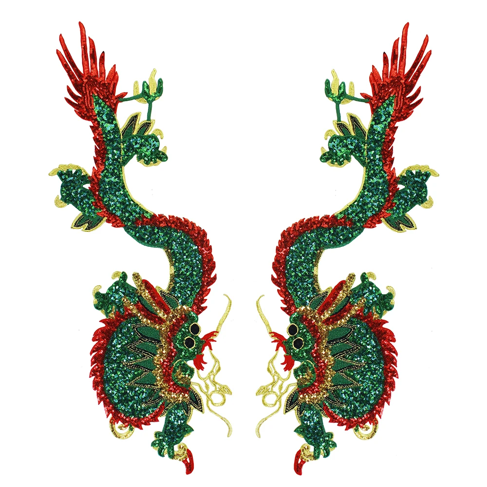 

2pairs Large Sequin Dragon Embroidery Applique Fabric Patches Brand Badges Sew on Clothes Sleeves Sewing Accessories TH1193