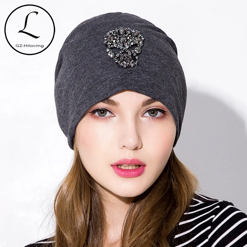 

GZhilovingL New 2019 Soft Cotton Skull Beads Women Beanies Hats Casual Solid Color Oversize Slouch hats Skullies Caps For ladies