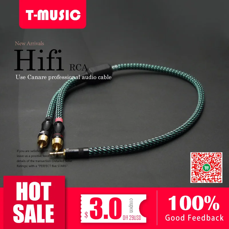 

1PCS HiFi Audio 3.5mm To 2 RCA Cable 4N OFC Audio Cable ( Green version)