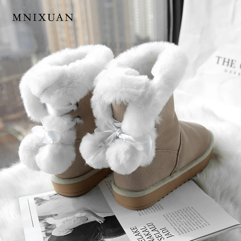 

MNIXUAN Handmade winter shoes for women warm snow boots with fur cow suede round toe casual plush slip on short boots plus size9