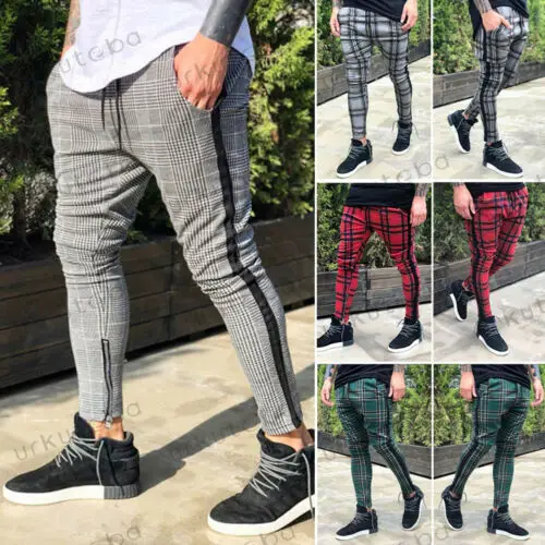 Pantalones de chándal de cuadros escoceses para hombre, pantalón de malla  con correa en el tobillo, cintura elástica, Retro, a rayas, ajustados,  informales, ajustados - AliExpress Ropa de hombre