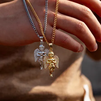 

Iced Out Wings Angel Pendant Necklace For Men Women Gifts 2 Colors AAA Zircon Hip Hop Jewelry Fashion Mens Necklace