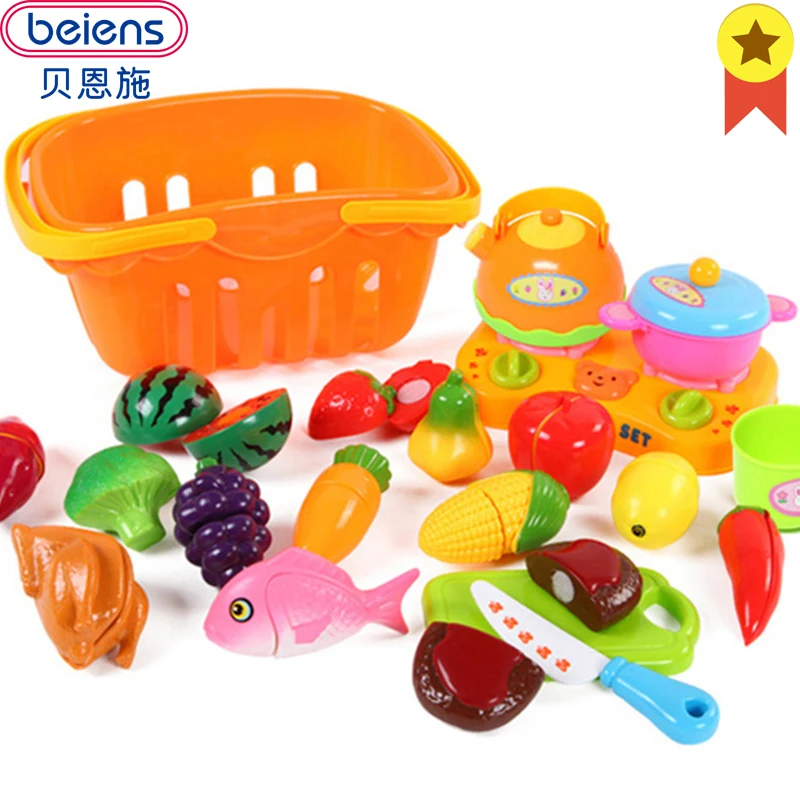 Beiens Kids Kitchen Baby plastic fruits baskets Pretend Play Toy food 17pcs Cutting Fruit