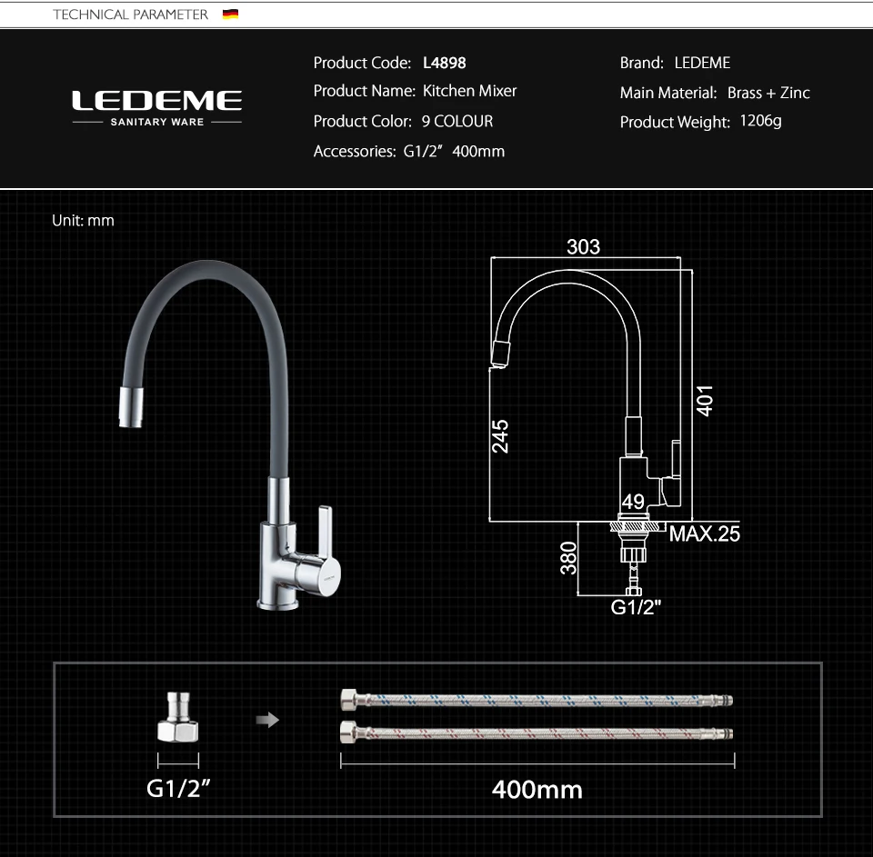 LEDEME Kitchen Faucet Pull Out Deck Mounted Single Handle Faucet Chrome Finish Cold Hot Water Mixer Kitchen Faucet L4898-4 black kitchen tap