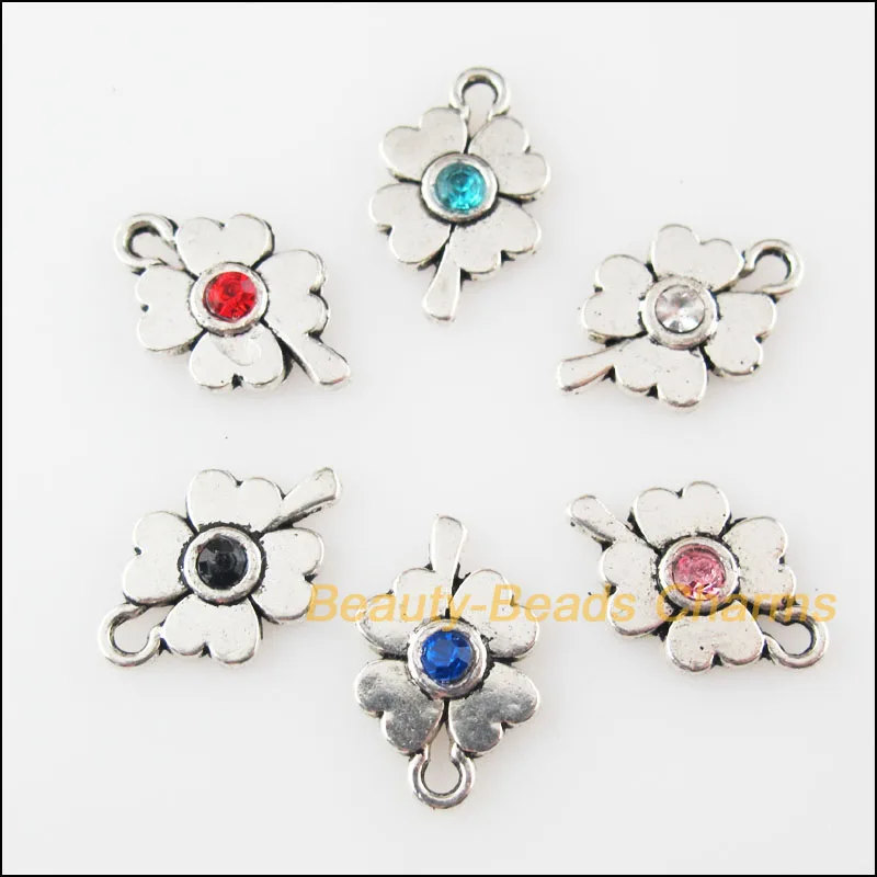 

12Pcs Tibetan Silver Tone Clover Flower Mixed Crystal Charms Pendants 9.5x15mm