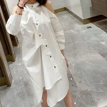 

[DEAT] 2020 spring New Fashion Women's High-quality Clothing Long Irregular White Shirt dress Loose Off-the-shoulder WI408
