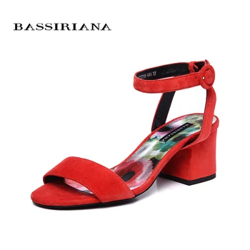 

BASSIRIANA new 2018 genuine leather suede summer sandals wowen square high heels under dress black green red russian size 36-41
