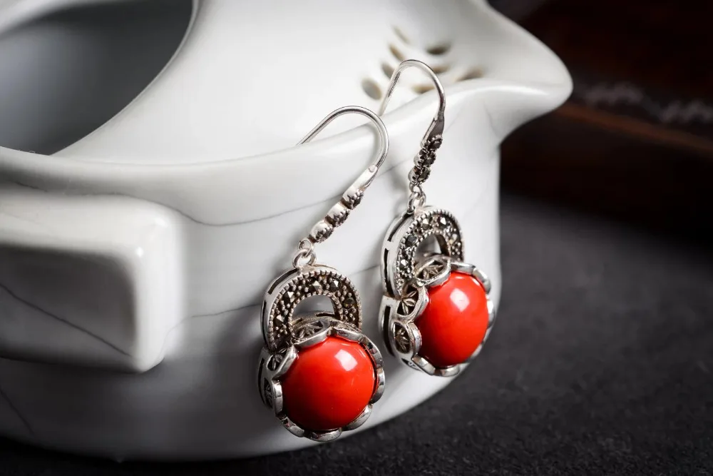 Невероятные Винтажные серьги 11/2 &quot925 и маркасит красные коралловые Brincos ohrring