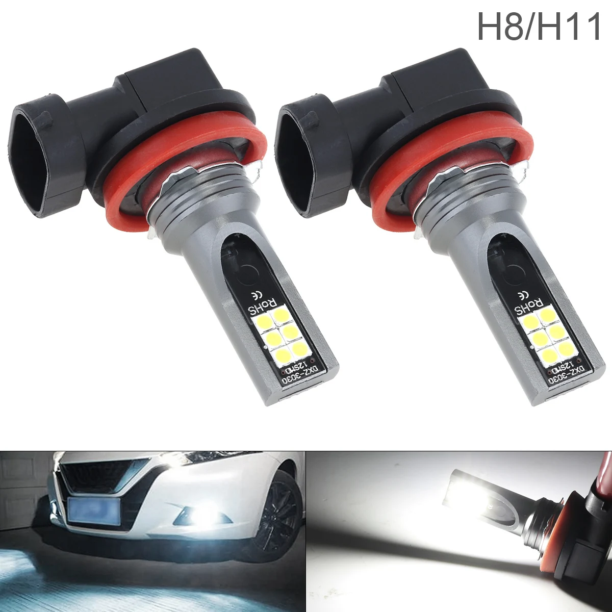 

2pcs Car Fog Lamp 12V H8 H11 3030 SMD Lights 800LM 6500K-7500K White Driving Running Car Lamp Auto Light Bulbs for Car Vehicle