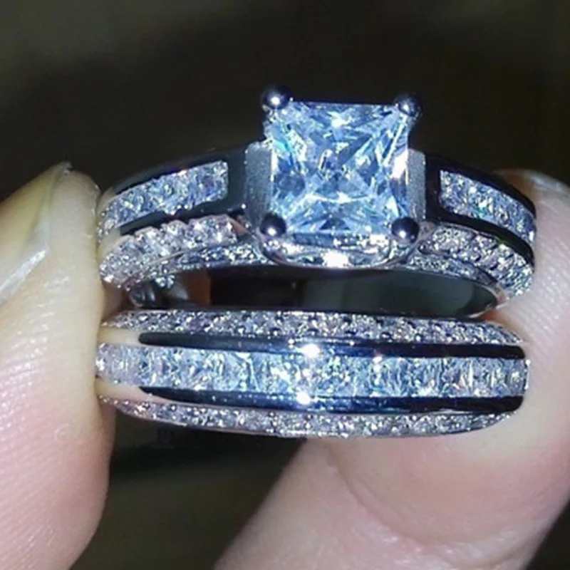 

Luxury Blue Crystal Female Zircon Wedding Ring Set Fashion S925 Silver Sets Jewelry Promise Love Engagement Rings For women Gift