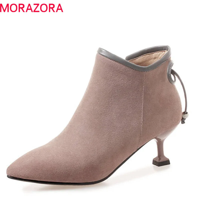 

MORAZORA 2020 new fashion shoes woman pointed toe ankle boots cow suede leather wedding shoes autumn winter high heels boots