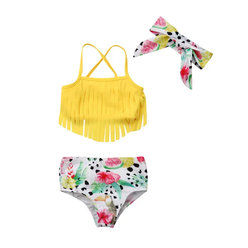 

Baby Girl Bikini Kid Swimwear Toddler Bathing Suit Infant Swimsuit Dinosaur Fruits Outfit Tassel Top+Bow Shorts+Headband 3pcs