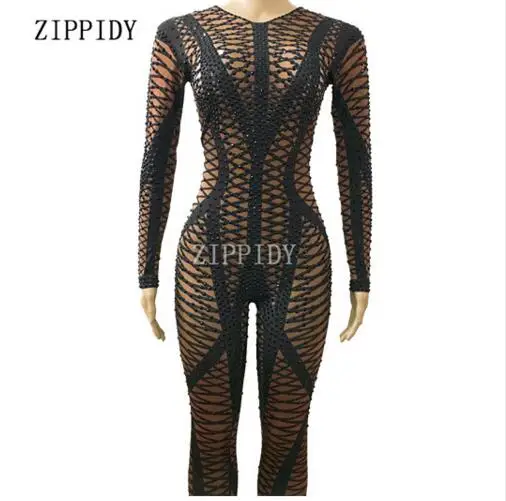 Fashion Skinny Black Rhinestones Dark Skin Color Female Singer Dancer Costume One-piece Bodysuit Nightclub Party 