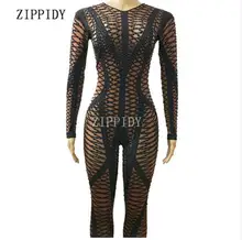 Fashion Skinny Black Rhinestones Dark Skin Color Female Singer Dancer Costume One-piece Bodysuit Nightclub Party 