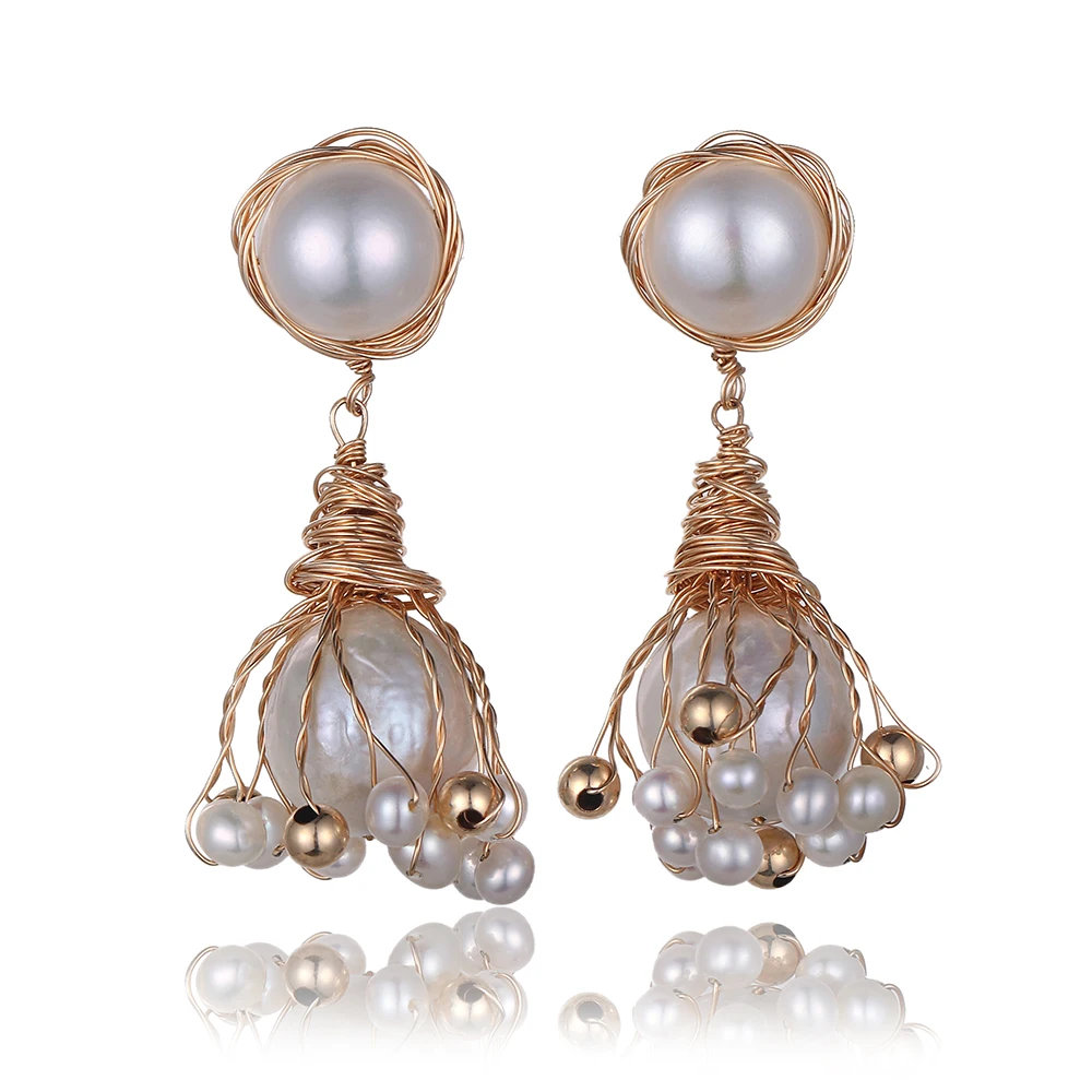

Vintage Baroque Pearl Earrings Gold Twist Wire Wrap Natural Freshwater Pearl Drop Earrings Classic Bridal Earrings Women Jewelry