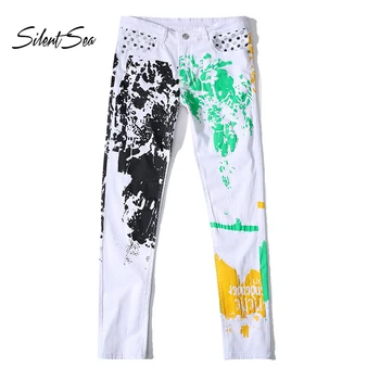 

Silentsea Men's Jeans New Fashion Multicolor Printing Trousers Plus Size 28-42 Slim Jeans Men Pole Straight Jeans Men White