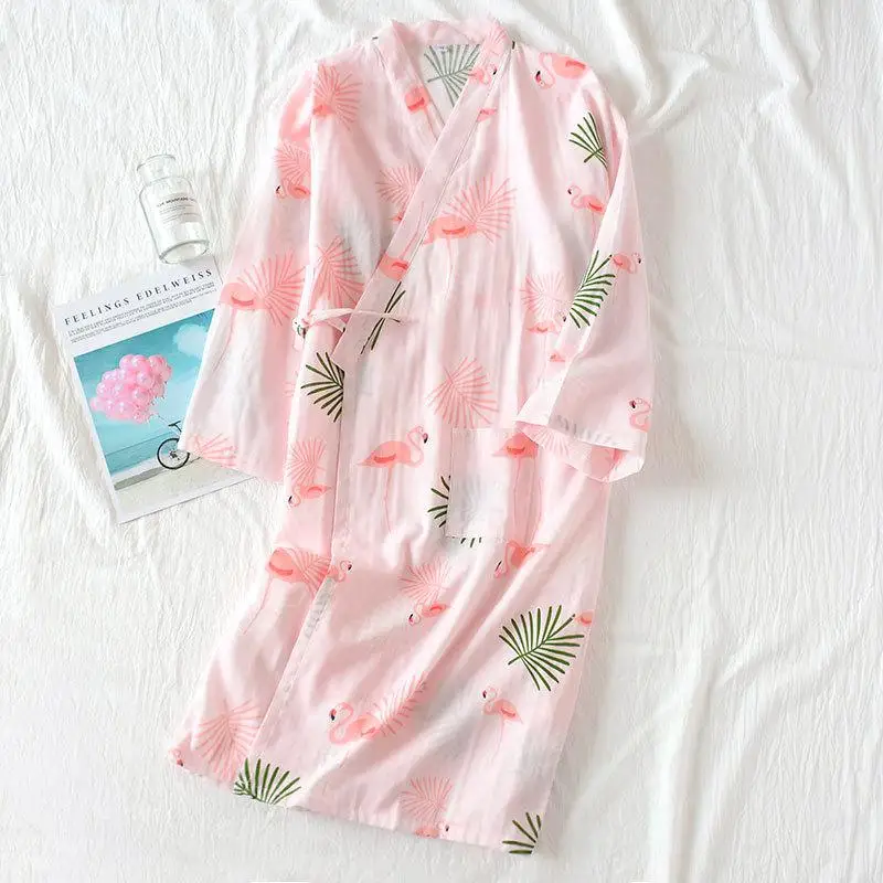 Summer Women Cotton Gauze Robe Gown Sexy Japanese Kimono Bathrobe Casual Yukata Night Dress Print Lovely Pajamas Sleepwear - Цвет: Style 4