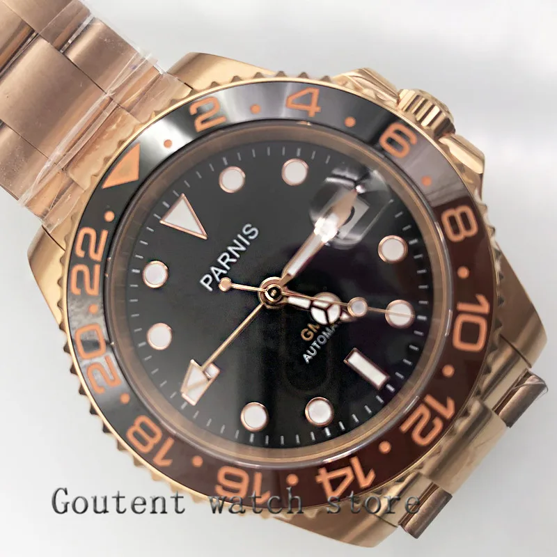 40 мм PARNIS черный циферблат сапфировое стекло Золотой корпус ДАТА GMT автоматические мужские часы