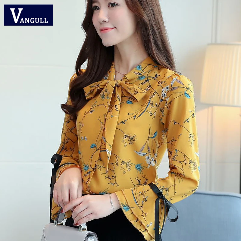

Vangull Women Chiffon Blouses Spring Sweet Female Floral Print Shirt 2019 Autumn Bow Lace up Flare Sleeve Korean Thin Tops