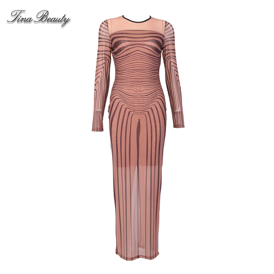 تينا الجمال عارية كيم كارداشيان شير الوهم البصري اللباس طويل كم بقماش شفاف Vestido فيرانو 2019 جنسي ساخن Transaprant