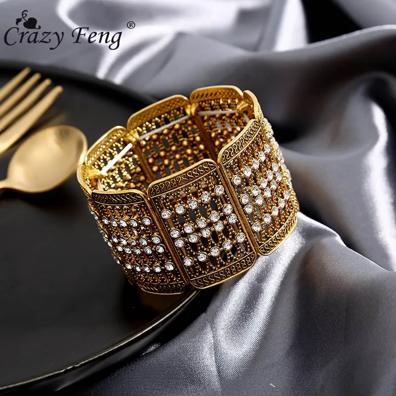 Crazy Feng панк растягивающийся браслет, браслеты для женщин, винтажные индийские ювелирные изделия, дропшиппинг, античный золотой цвет, широкий Браслет-манжета