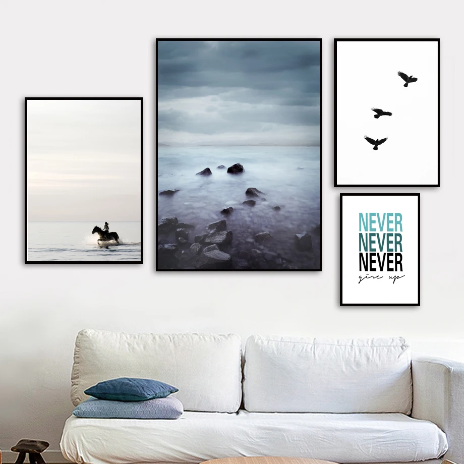 

Stone Sea Bird Girl Horse Quote Landscape Wall Art Canvas Painting Nordic Posters And Prints Wall Pictures For Living Room Decor