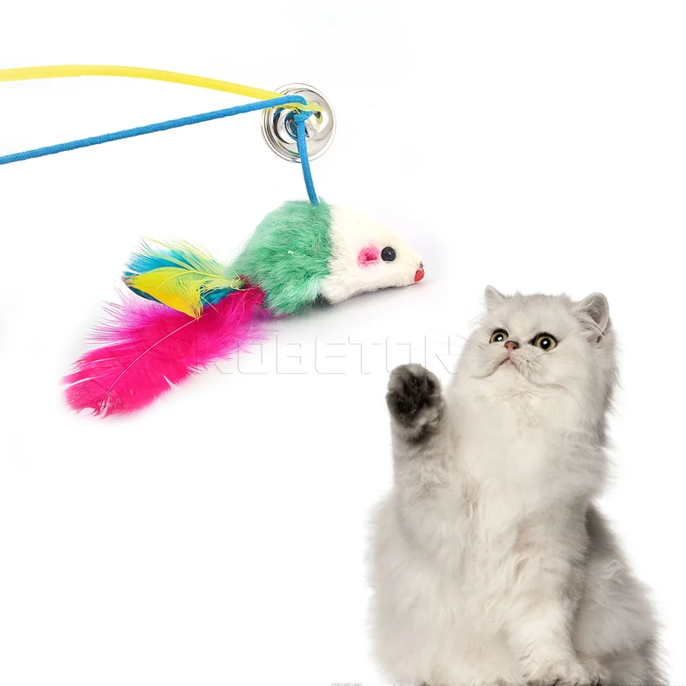 1PC Hot Pet Cat Bell The Dangle Faux Mouse Rod Roped Funny Fun Play Playing Toys Plastic Feather