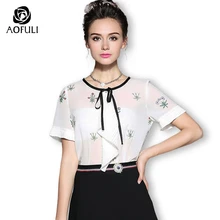 M ~ 5XL Женская Цветочная вышитая шифоновая рубашка женские короткие белые блузки с ленточным бантом Плюс Размер повседневные топы AOFULI B5178(China)