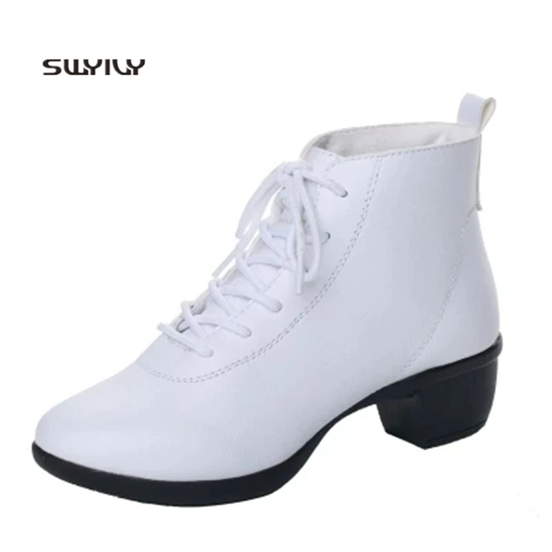 SWYIVY Women Modern Dance Shoes Winter Warm Dance Sneakers Women 2018 New Genuine Leather Soft Heel Square Dance Shoes Women