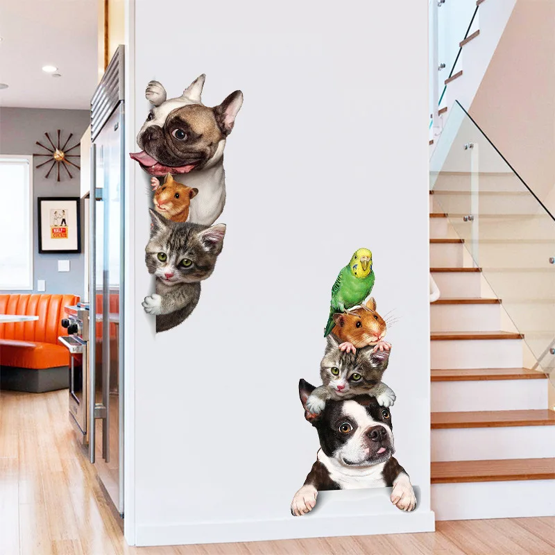 Cartoon Animals 3D Wall Sticker Cats Dogs Mouse Birds Door Stickers Funny Home Decor Kids Room Decoration Vinyl Wallpapers