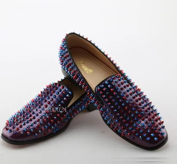 

Fashion Sexy Purple Patent Leather Mixed Colors Rivets Cover Basic Men Loafers Slip On Party Wedding Shoes Men Casual
