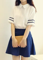 Beautiful Girl navy sailor suit school uniform set White shirt +Denim Blue skirt