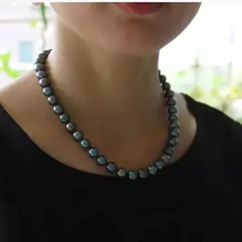 

stunning 10-11mm tahitian black green pearl necklace 18inch 925s