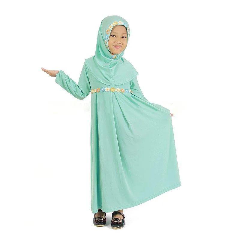 Kids Abaya Girls Dress Muslim Abaya Kaftan Dubai Green Long Sleeve Dress Hijab Robe Arabe Islamic Clothing 1-5 Years Girls Robes